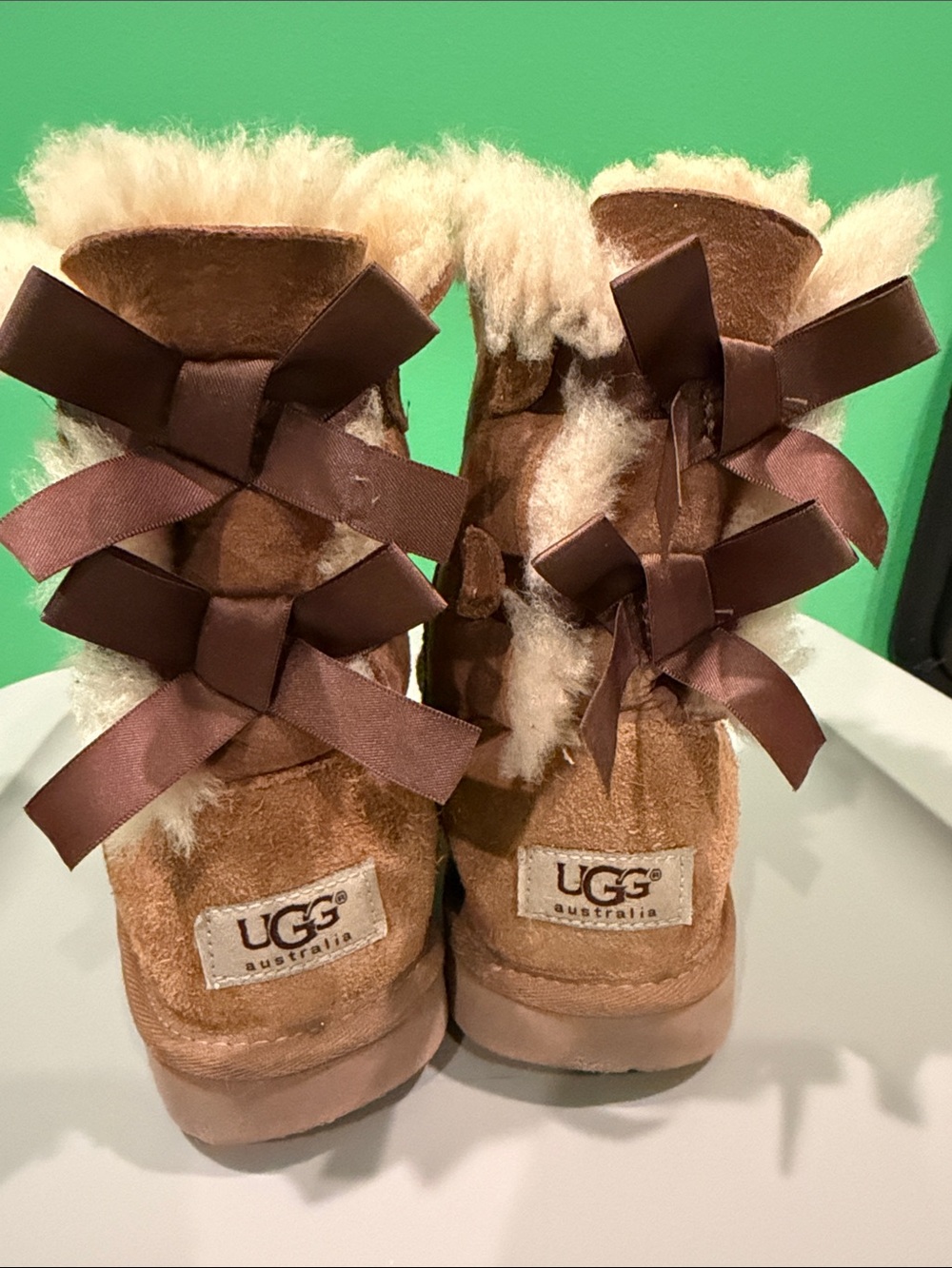 UGG Chestnut Suede Shearling Short Boots with Back Bows - Picture 3 of 8